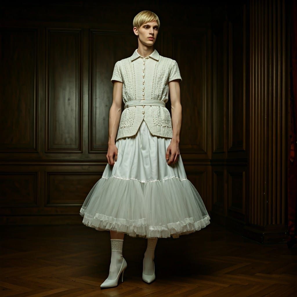 Masculine Youth in Elegant Evening Gown with Intricate Embro...