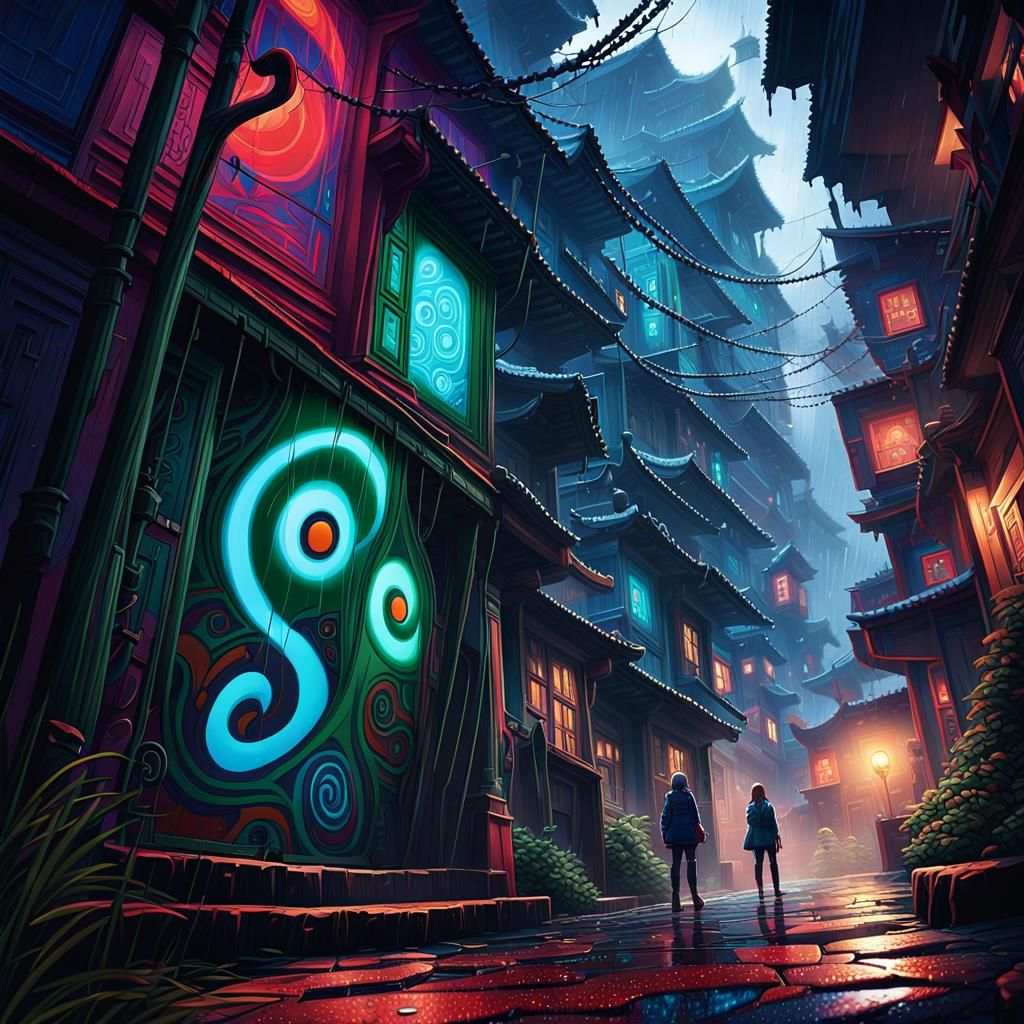 Moody Greninja-Afton Portrait in Neon-Lit Alleyway