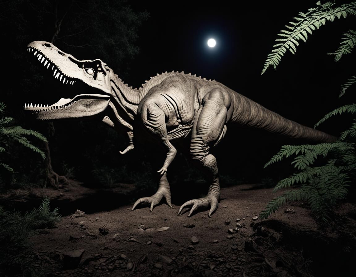 Tyrannosaurus Rex Napping in Moonlit Forest