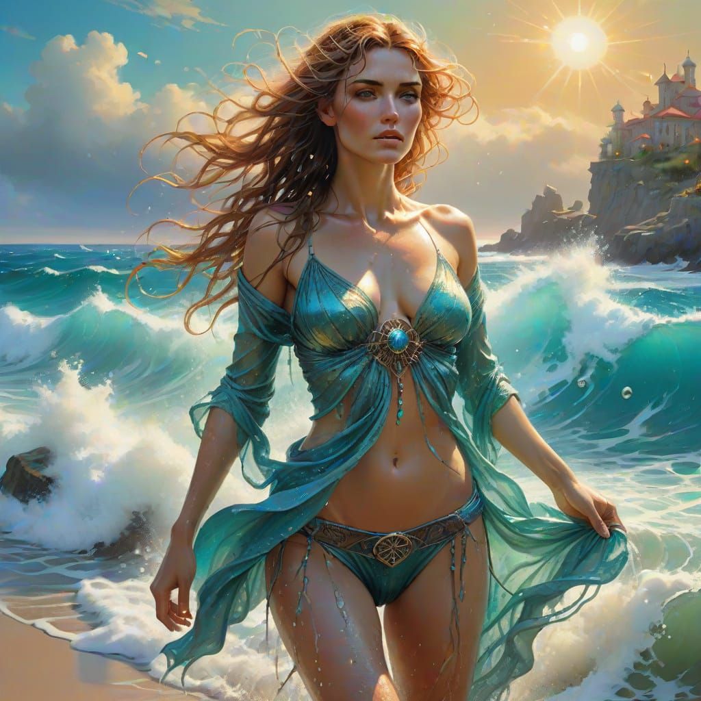Sensual Art Nouveau Goddess Emerging from the Turquoise Sea