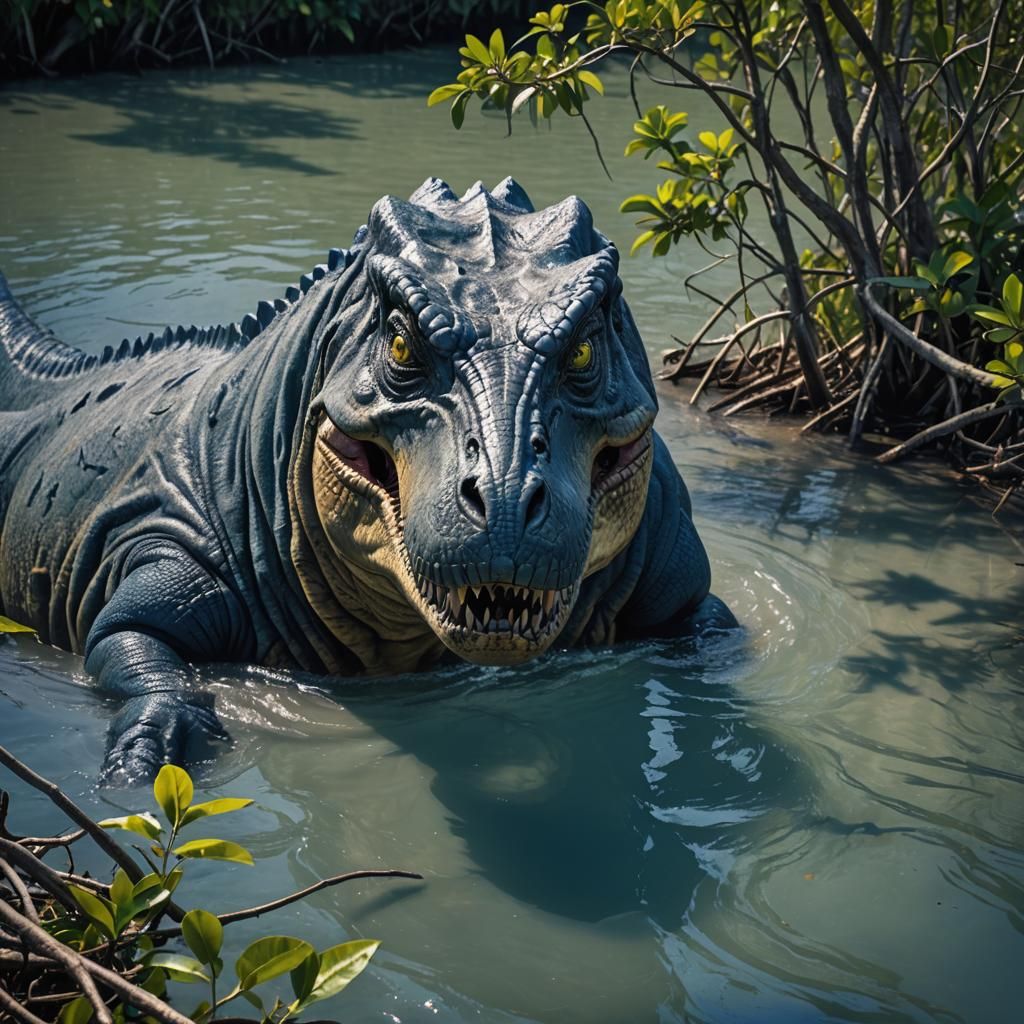 prehistorical scene with a close up portrait dangeorous t-re...