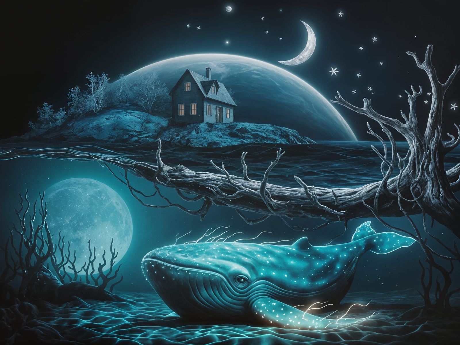 Surreal Bioluminescent Whale Under Moonlit Island