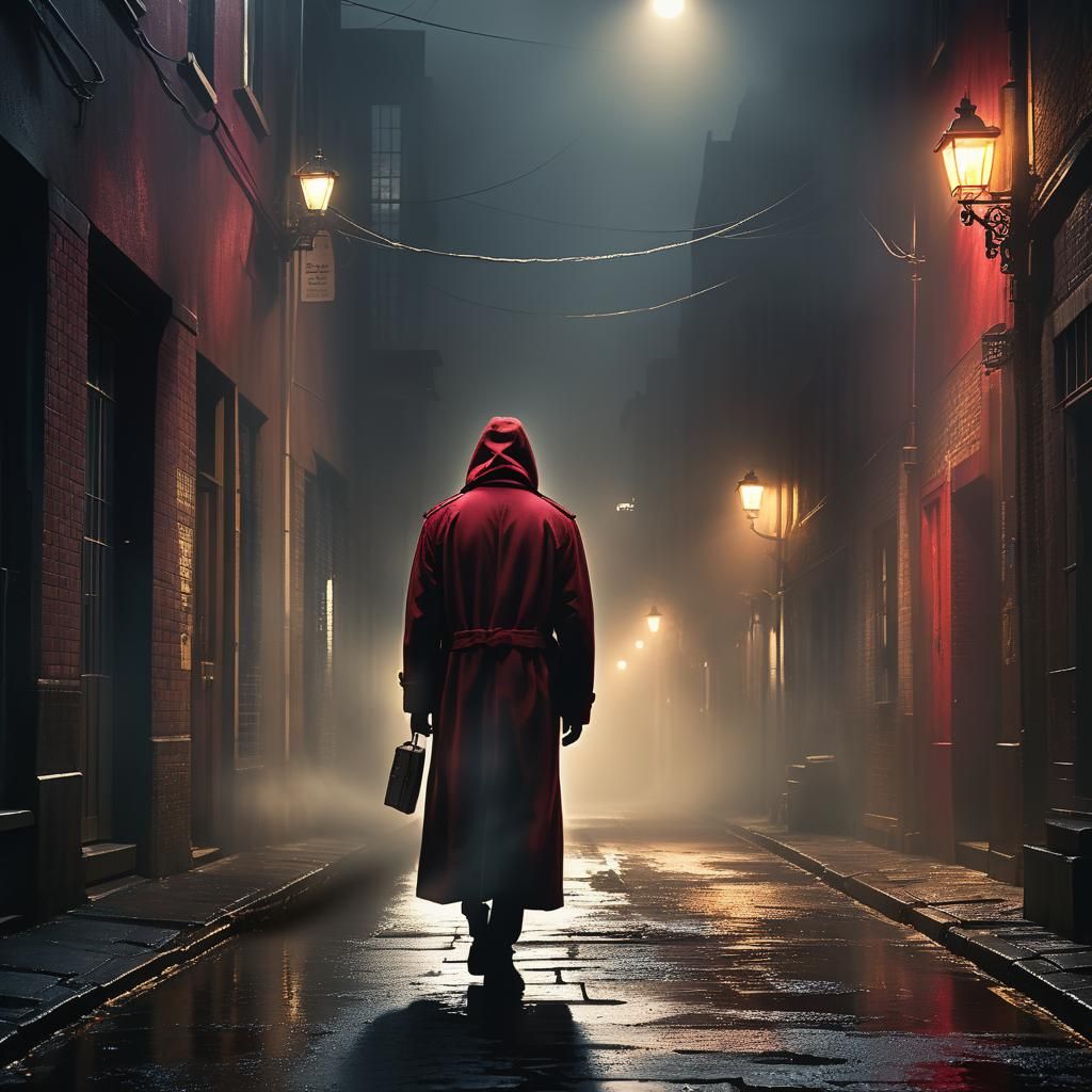 Mysterious Figure in Foggy Alleyway: Cinematic Still