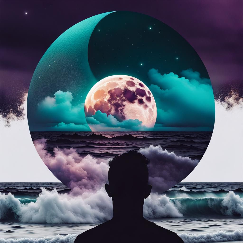 Dramatic Moon Eclipse Over Stormy Ocean