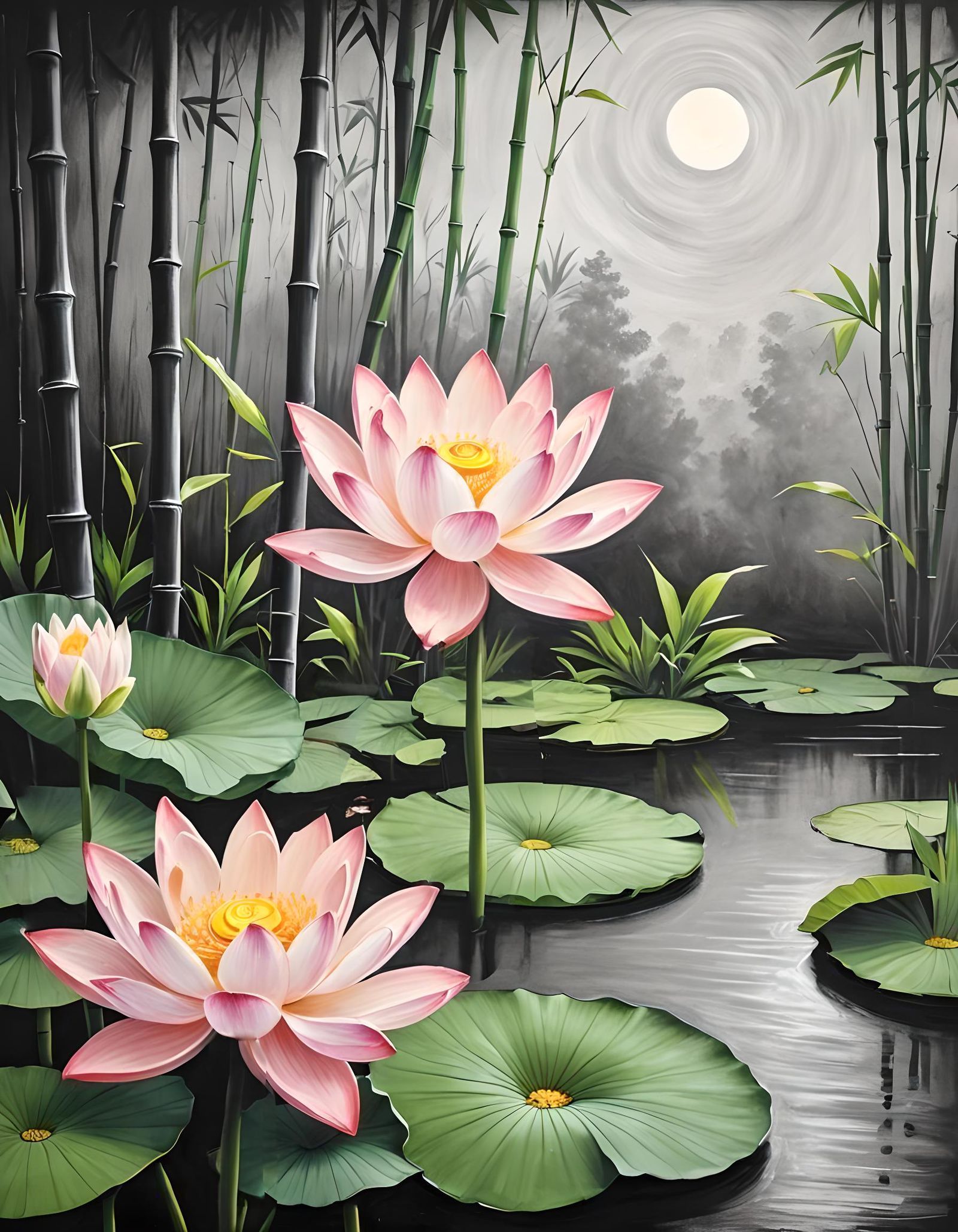 Minimalist Chalk Drawing: Surreal Bamboo and Lotus Landscape