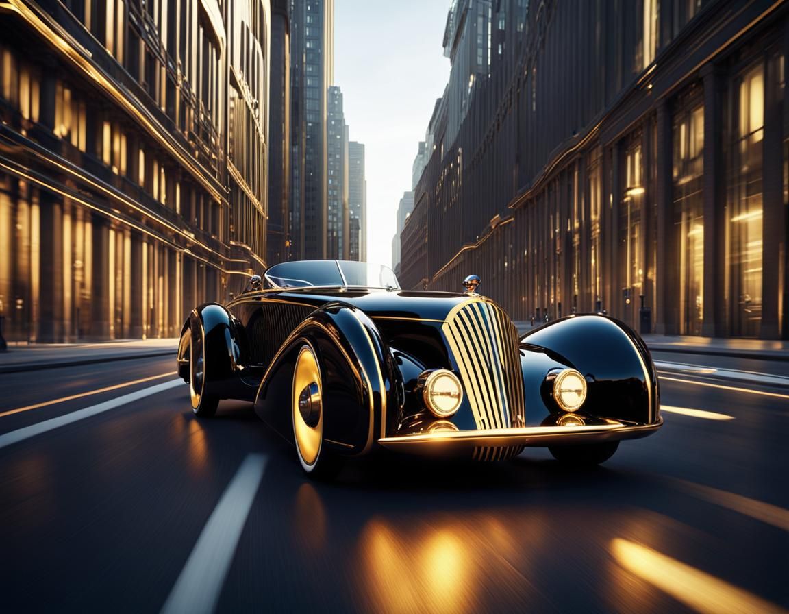 Futuristic Art Deco Car on Historical Street