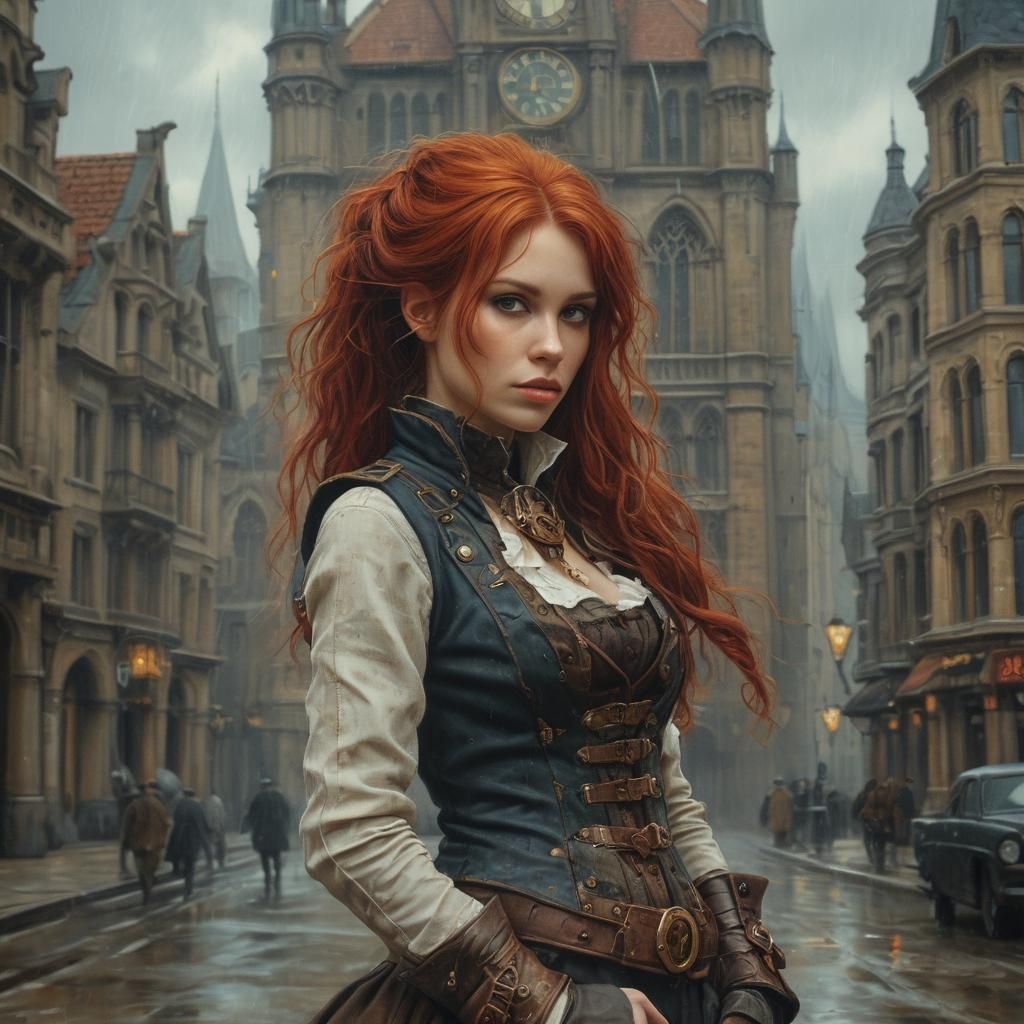 Steampunk Redhead in Gothic City, Oil Painting