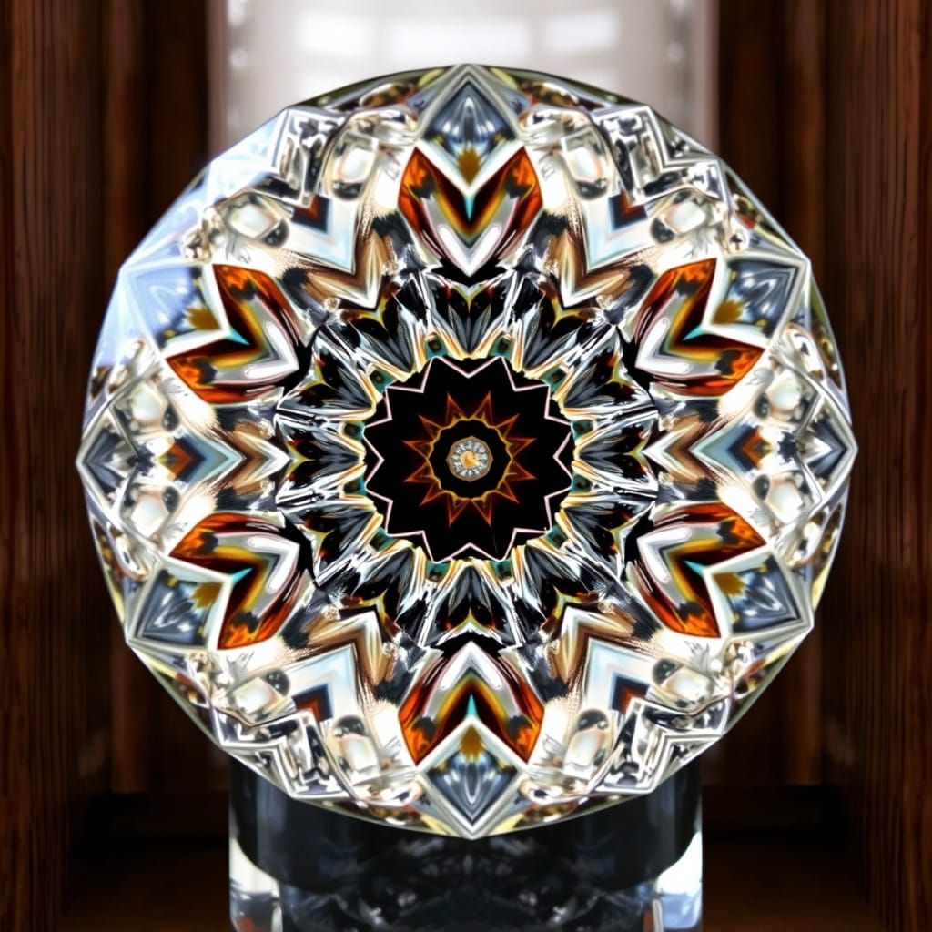Crystal Kaleidoscope in Wooden Frame with Fractal Patterns