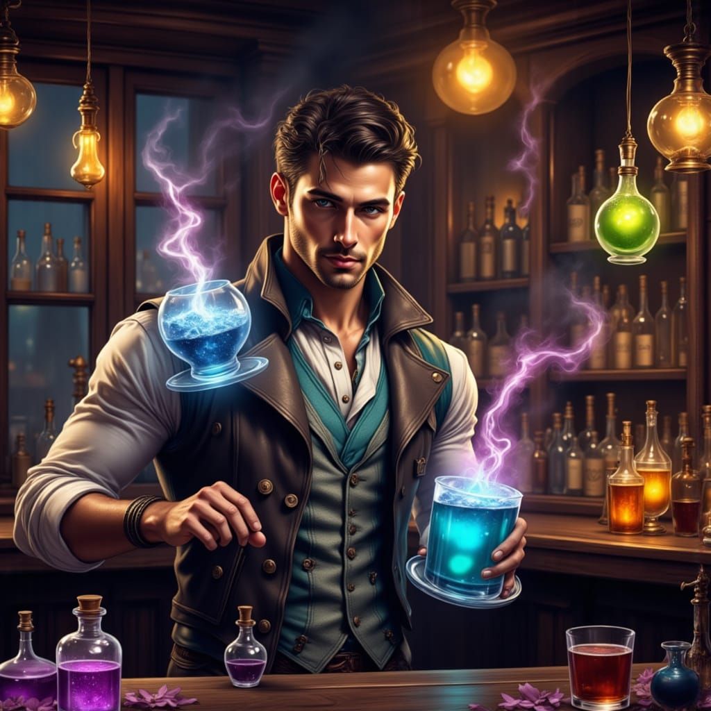 Alchemist Bartender Pours Glowing Potions for Patrons