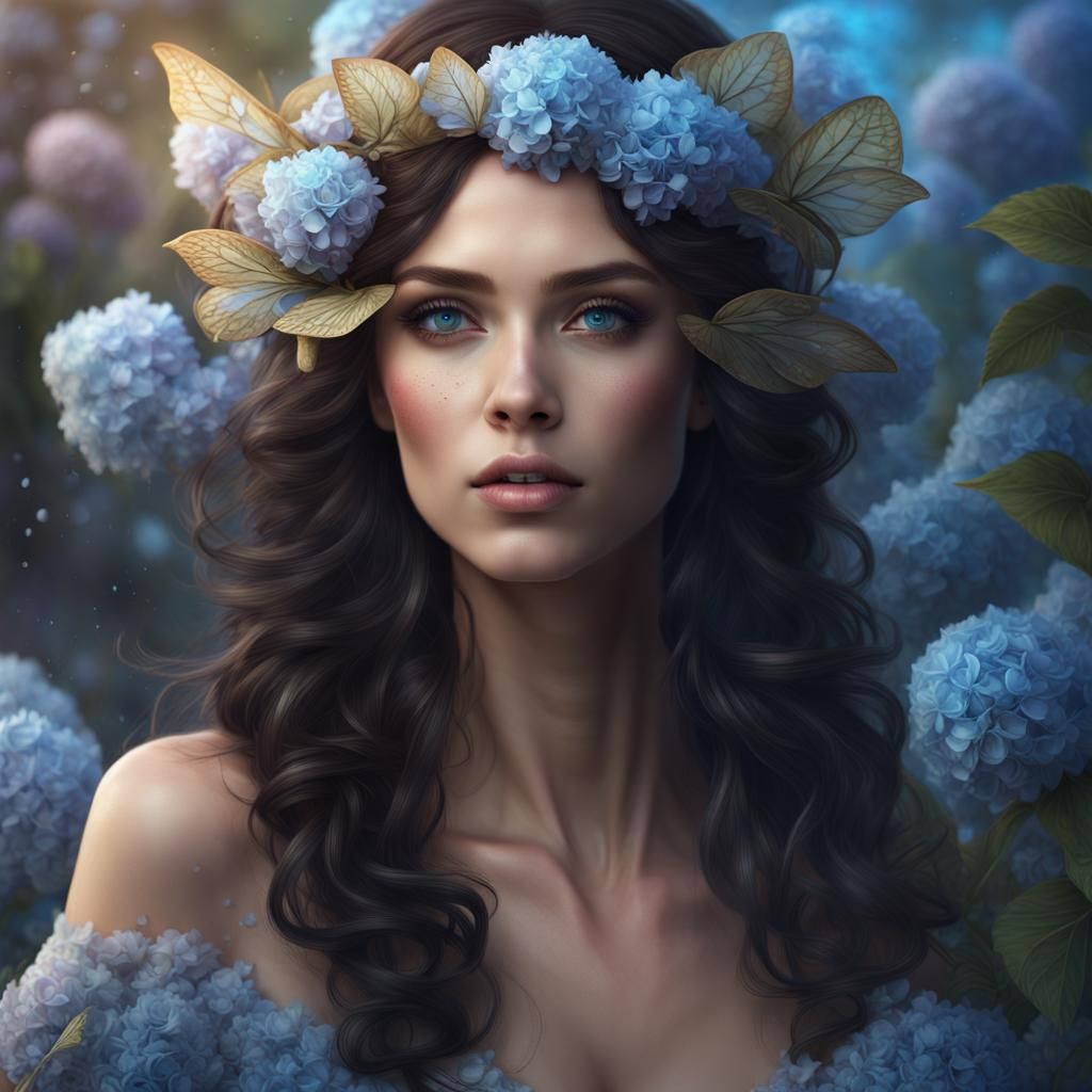 Beautiful Woman Dancing with Hydrangeas, Fantasy Art
