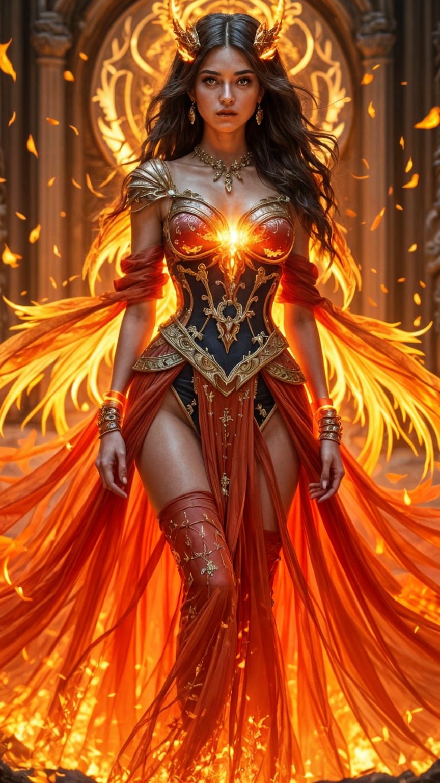 Regal Flame Goddess in Intricately Layered Robes