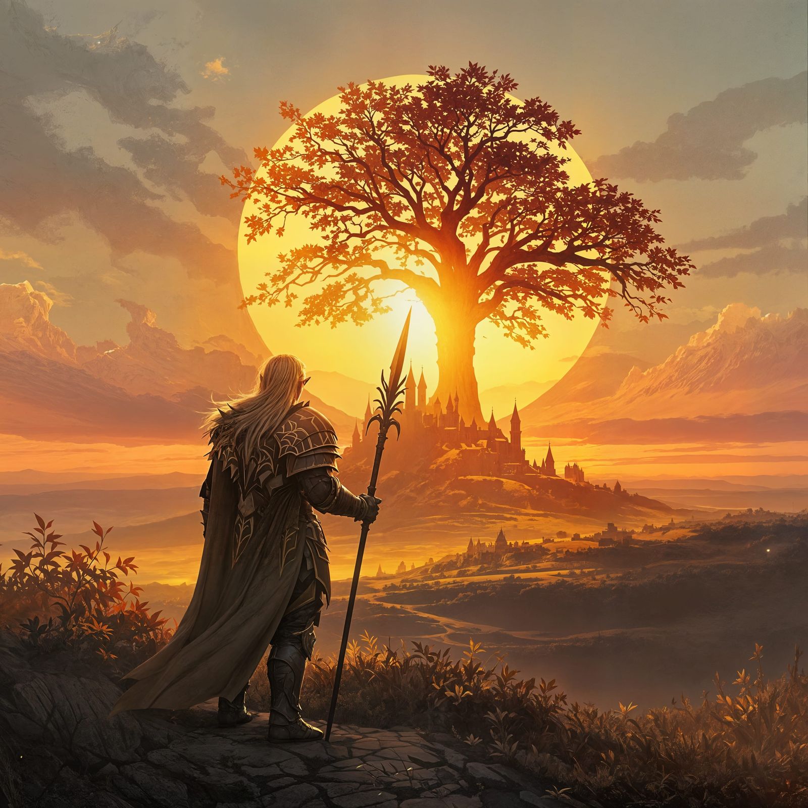 Elegant Warrior Contemplates Sunset Castle in Autumnal Lands...