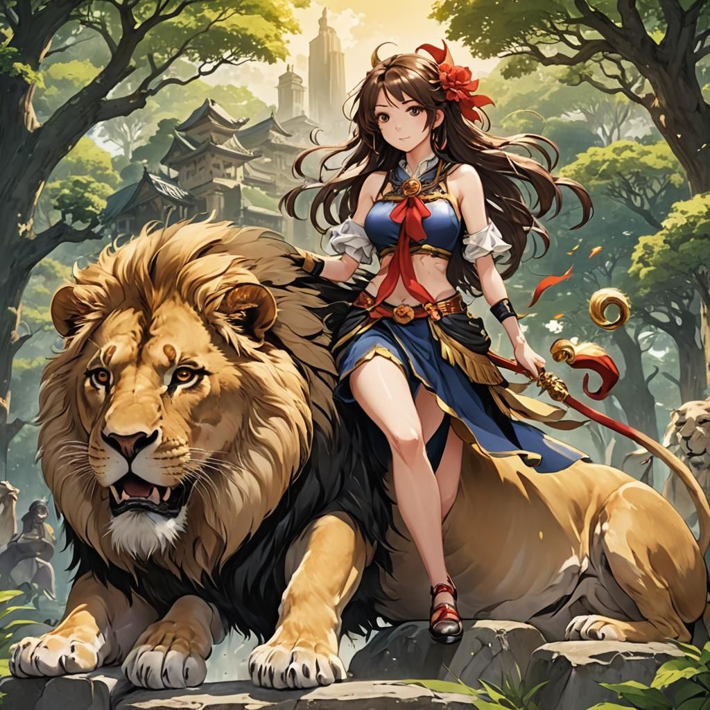 Anime Style: Woman Riding a Lion