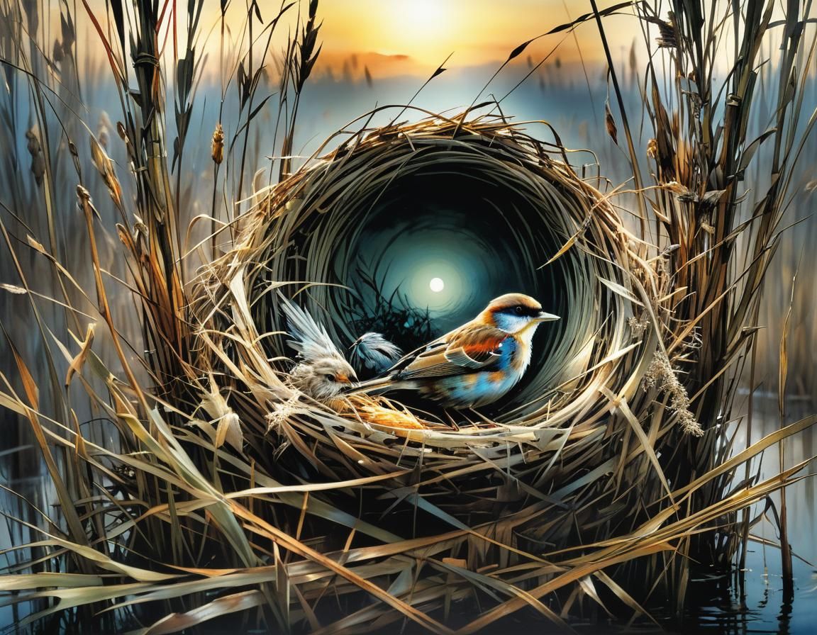 Bird on Nest in Reeds, Fairytale Illustration