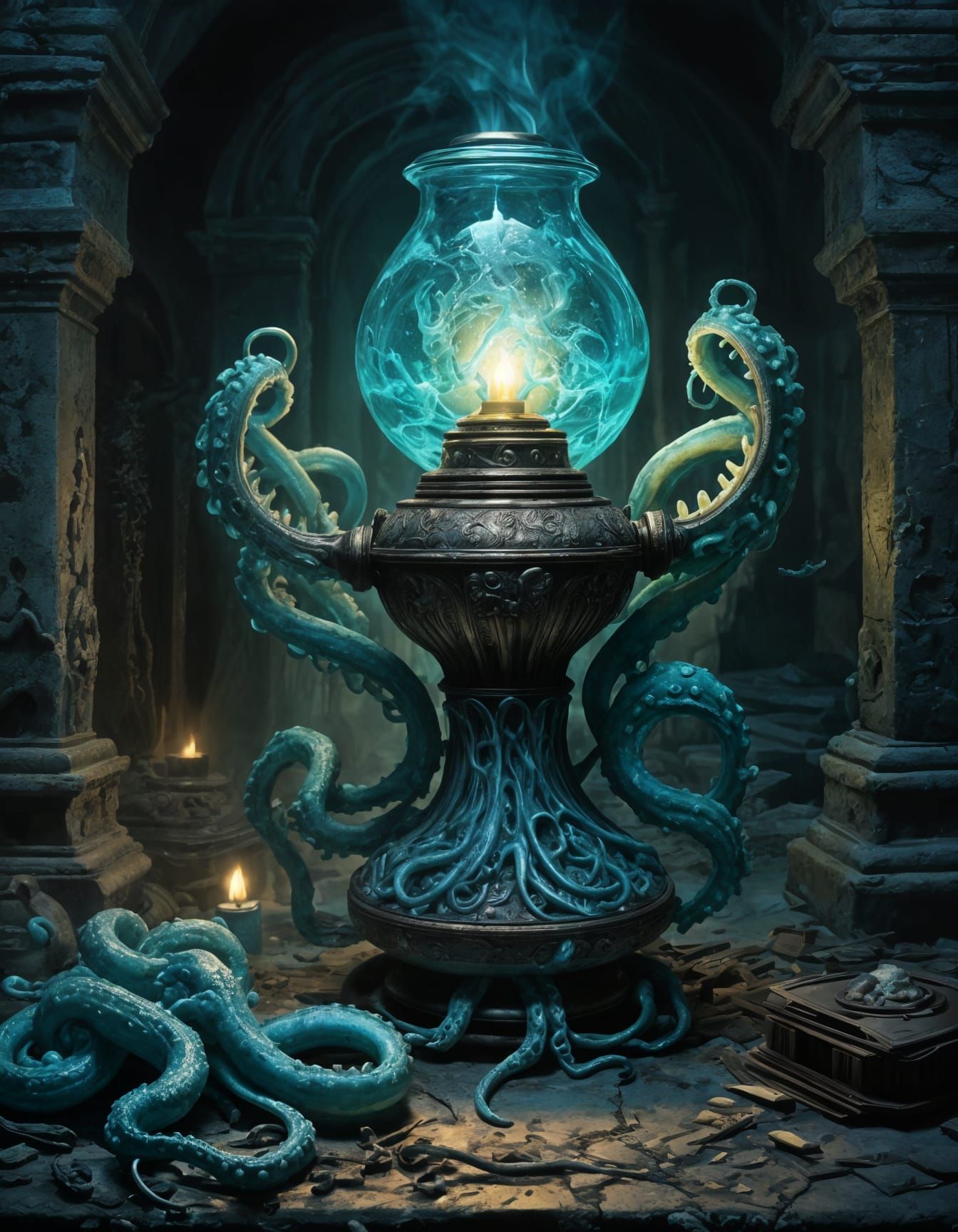 Eldritch Oil Lamp in Lovecraftian Horror Style