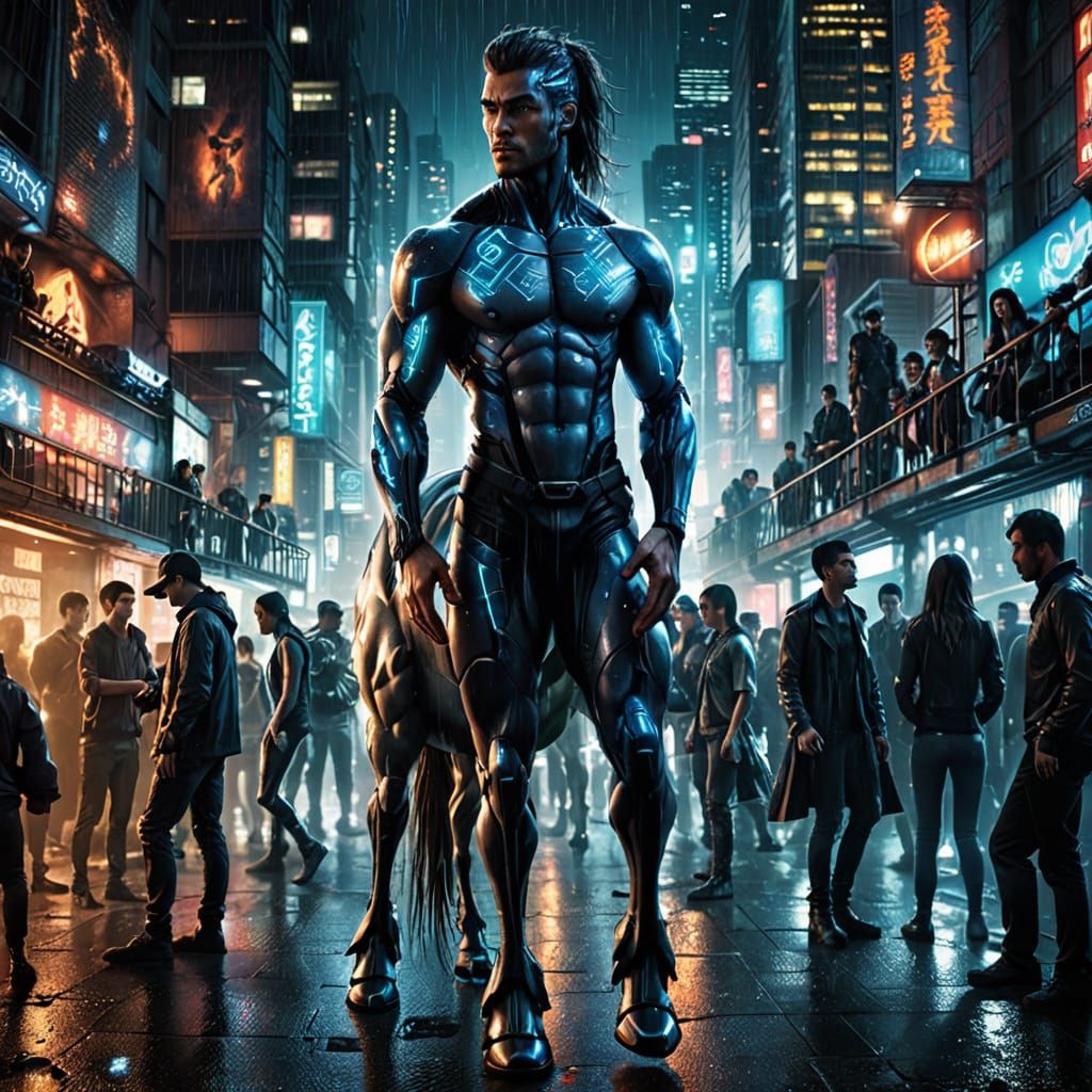 Cyberpunk Male Centaur Portrait in Dark Cityscape