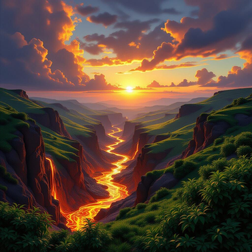 Earth's Core Vista: Molten Rivers & Lush Bushes