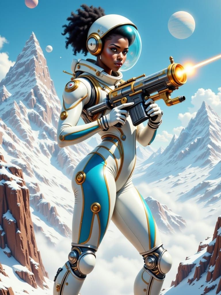 Vintage-Futurism: Woman in Spacesuit on Alien Planet