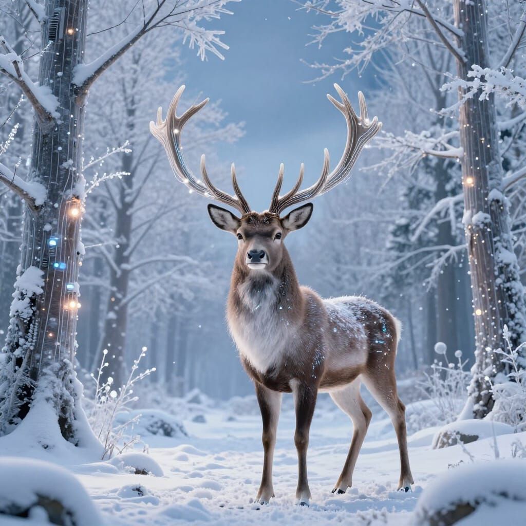 Techno-Nature Winter Scene with Circuit Stag