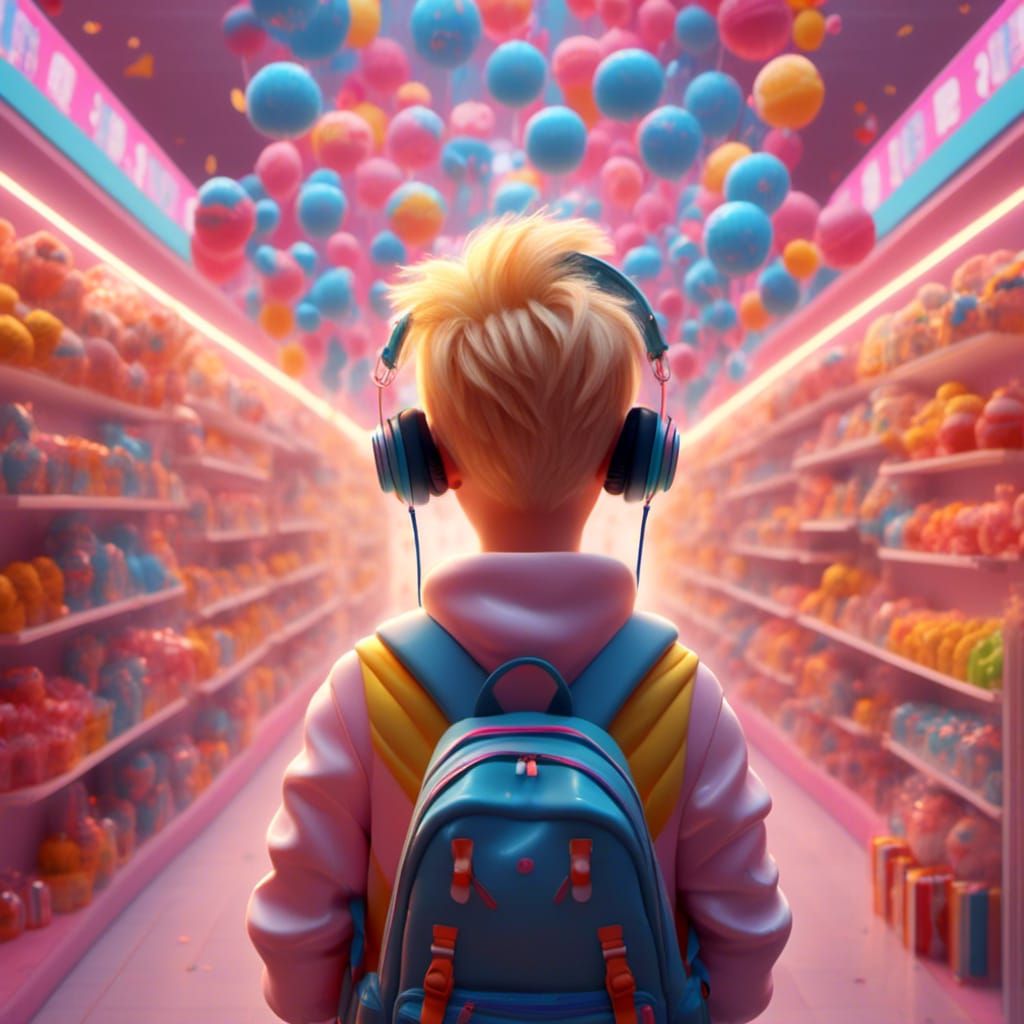 Boy with Headphones in Mall: Candy Art Style