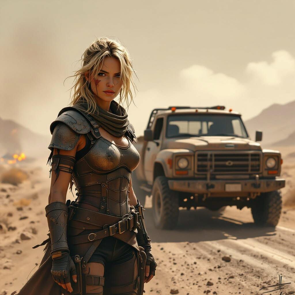 Female Survivor Stands by Apocalyptic Truck in Gritty Concep...
