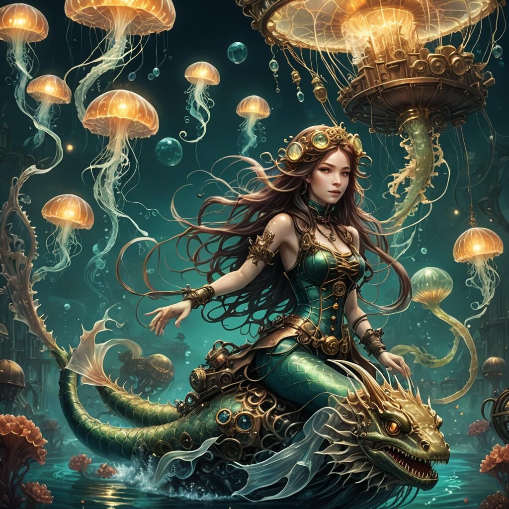 Mermaid and Water Dragon in Luminescent Steampunk Ocean