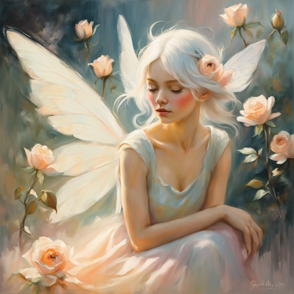 Impressionist Fairy on Rose Oil Painting