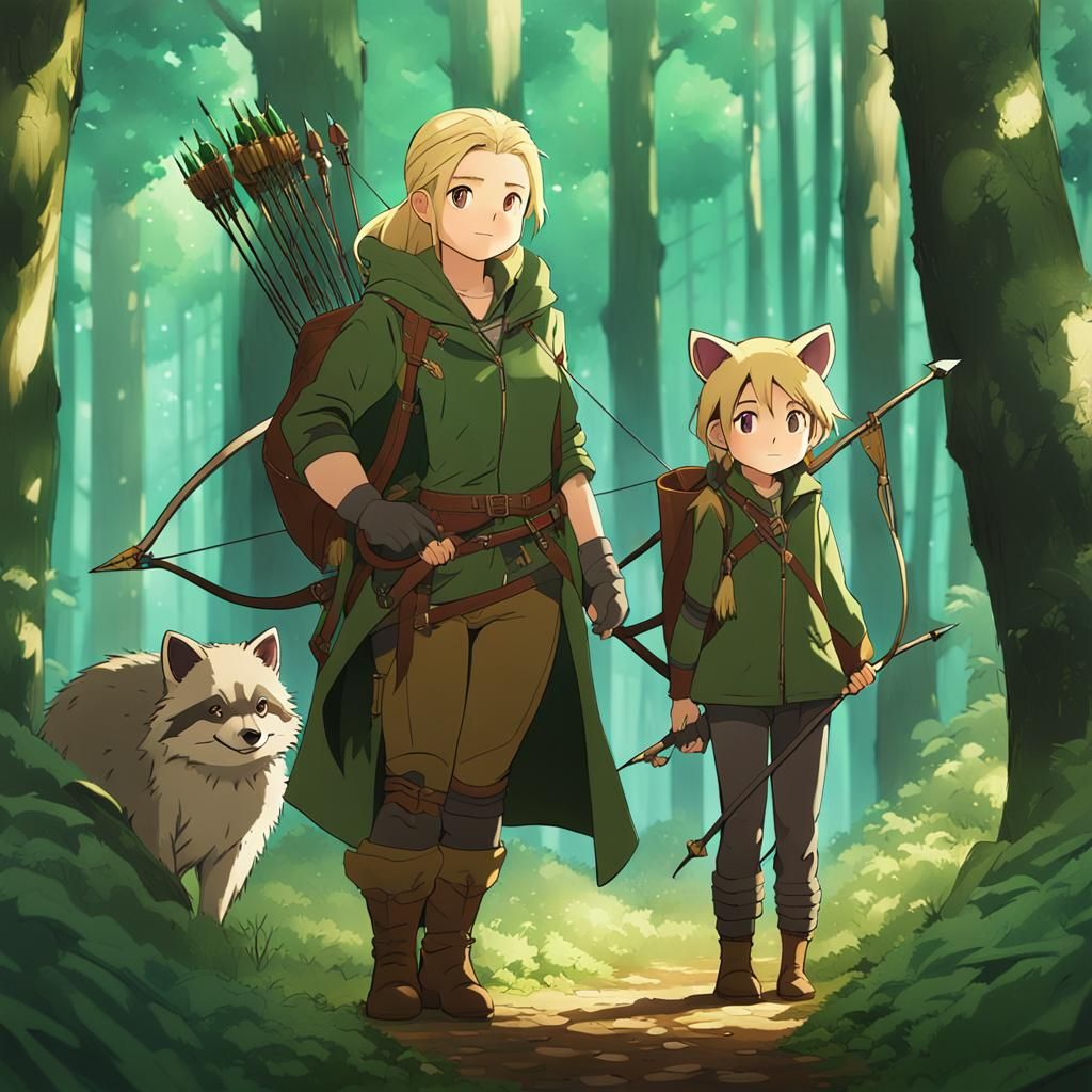 Wood Elf Ranger with Raccoon in Anime Style