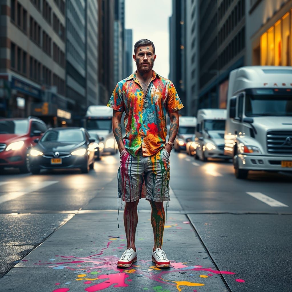 Colorful Street Art Man in Paint Splatter