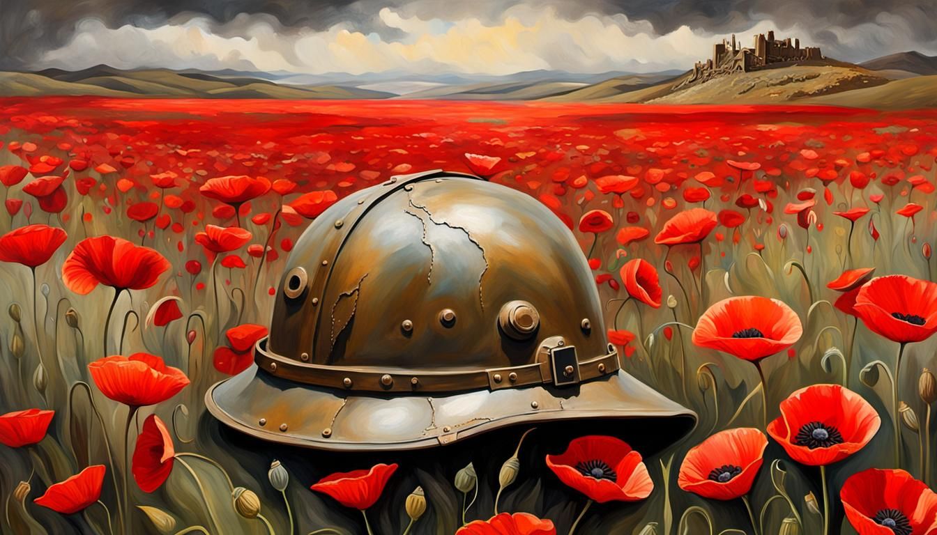 WWI Helmet in Poppy Field: Surreal Oil Painting