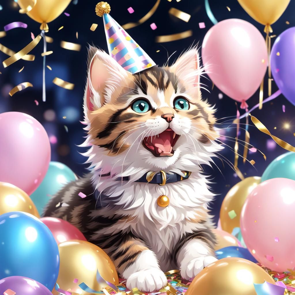 Cute Kitten Celebrates New Year in Anime Style