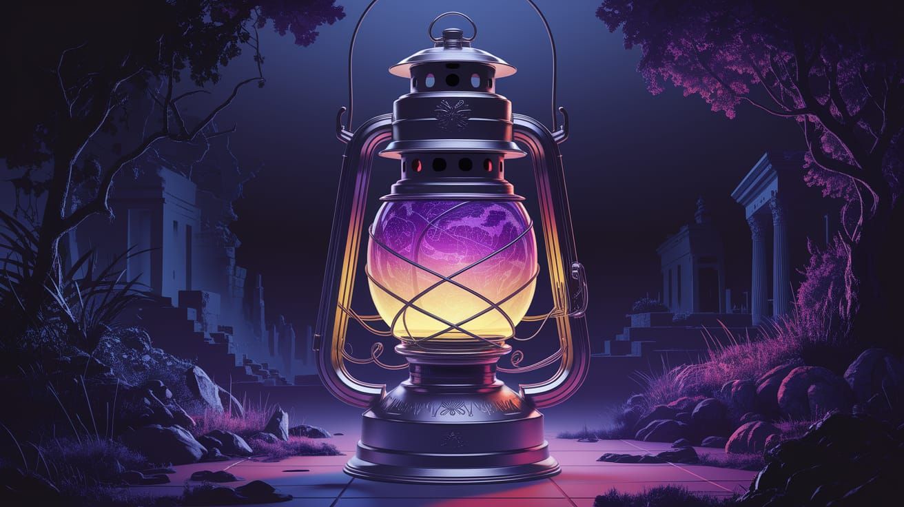 Glowing Lantern in Dark Fantasy Landscape, Art Nouveau Style