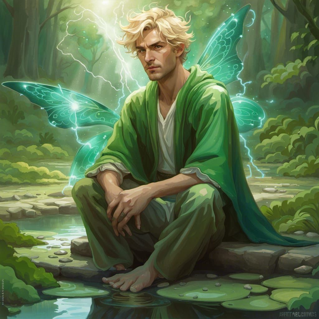 Blond Fairy Mage at Pond, Fantasy Art Portrait