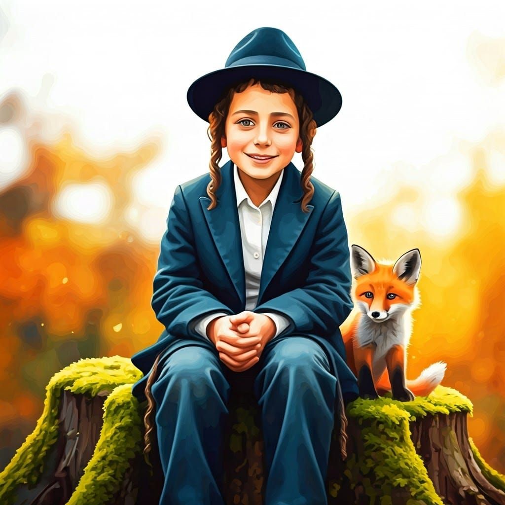 Boy and Fox in Autumnal Watercolor Style