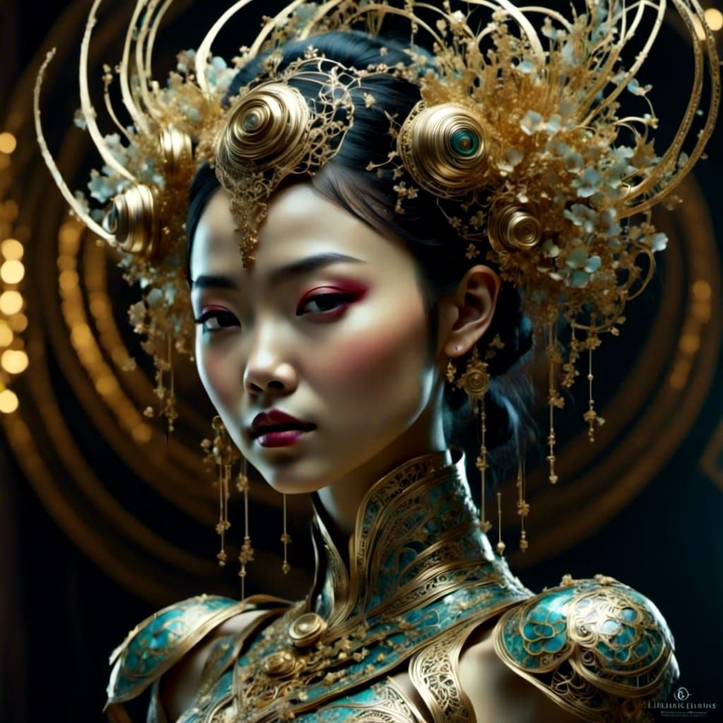 Glossy Metal Cyborg Woman with Golden Details