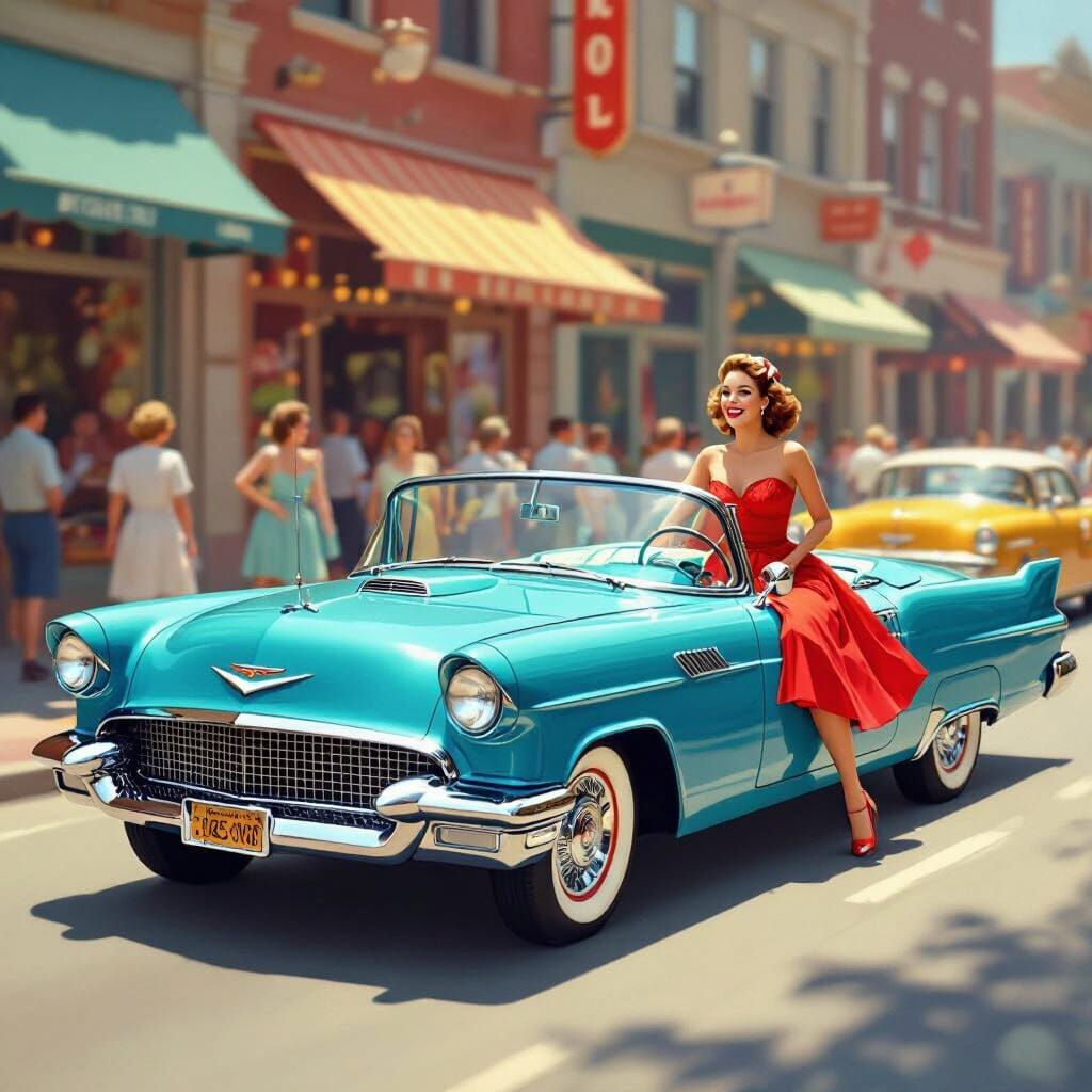 1950s American Street Scene in Kodachrome Style