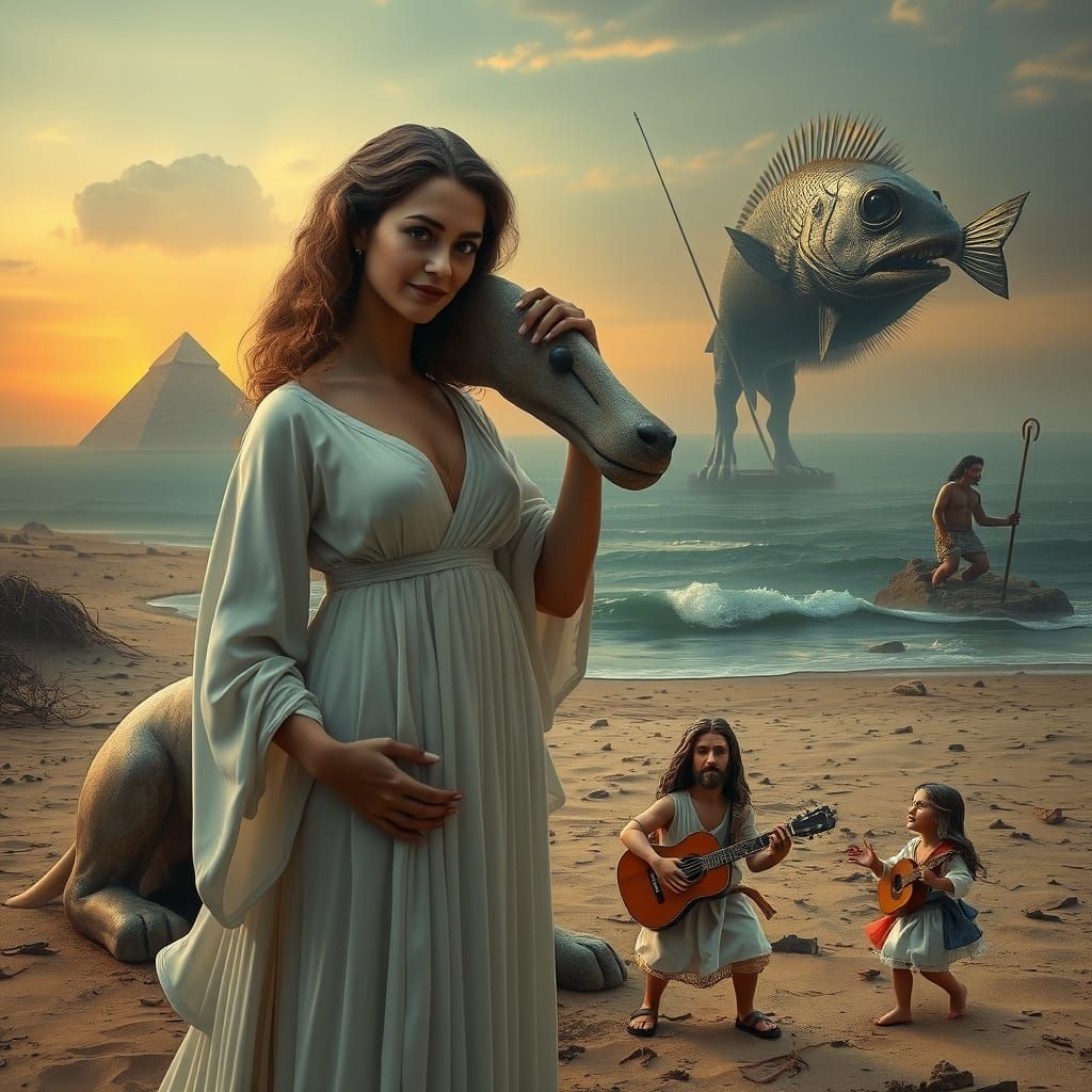 Woman in White Gown Strokes Sphinx in Post-Apocalyptic Lands...