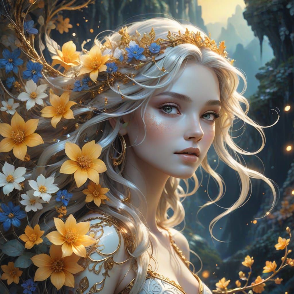 Fantasy Woman with Magical Hair in Golden Hour