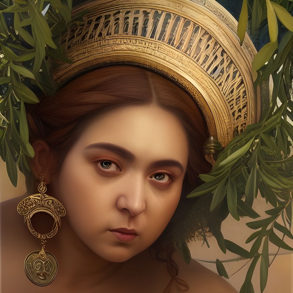 Obese Greek Goddess in Olive Grove: Detailed Portrait