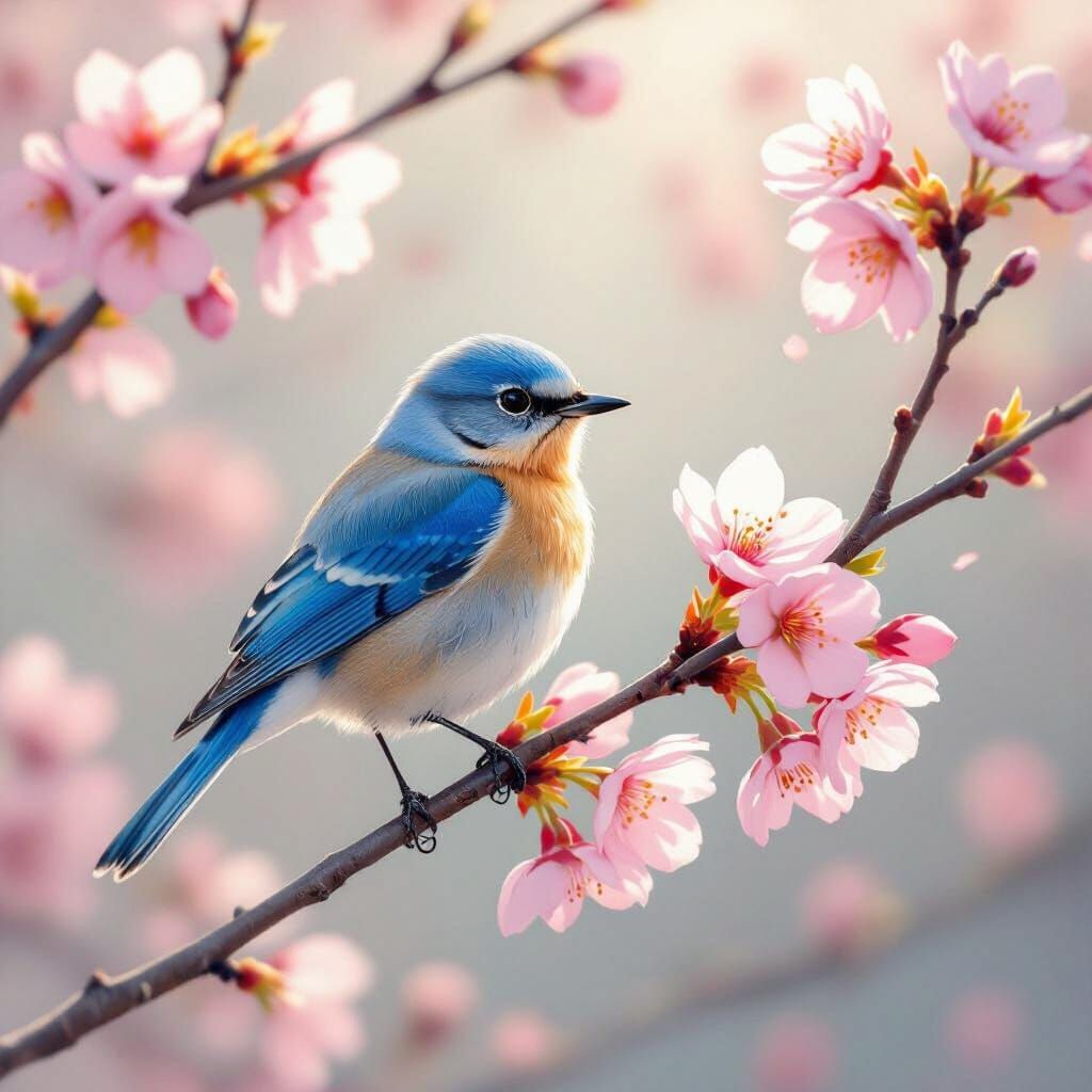 Bluebird on Cherry Blossom Branch in Spring Mist