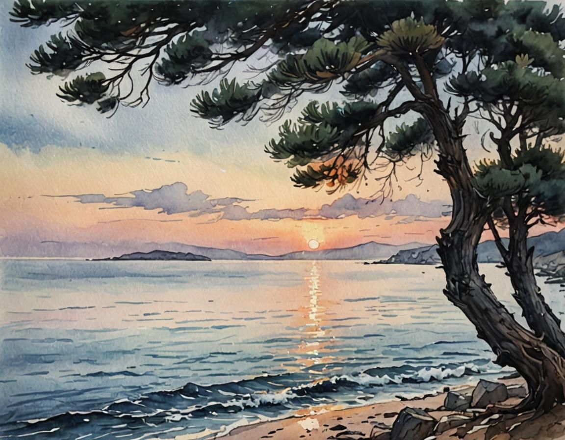 Adriatic Sunset Watercolor Painting with Pine Tree