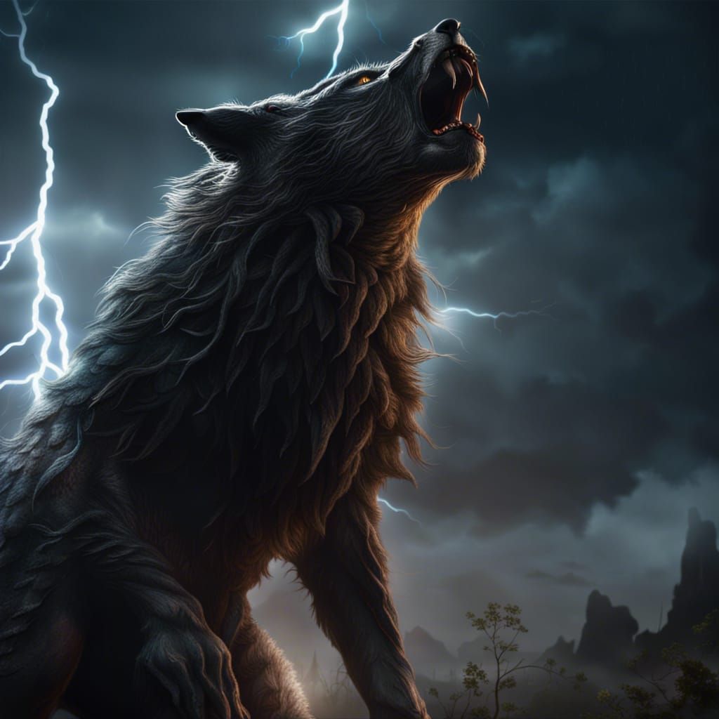 Wolf howling during a lightning strike