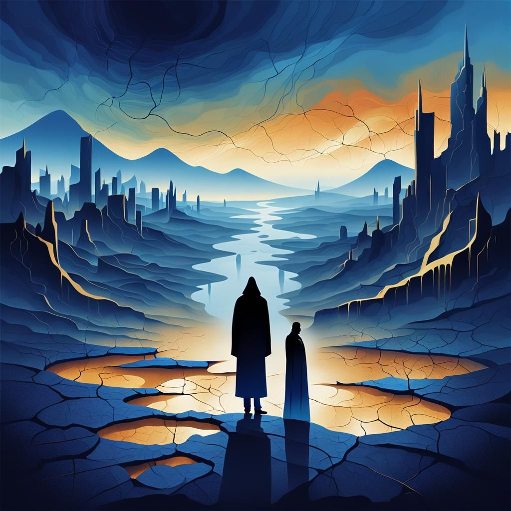 Surreal Cloaked Figure in Desolate Landscape