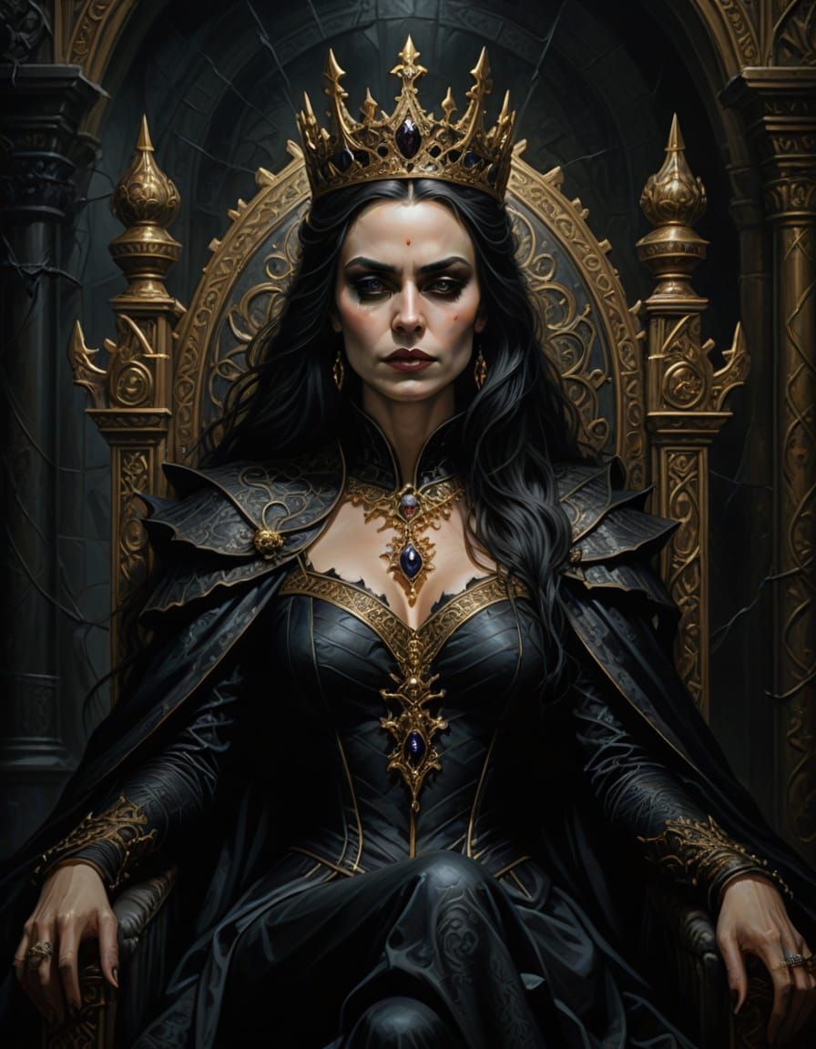 Dark Queen on Throne in Gothic Oil Painting Style