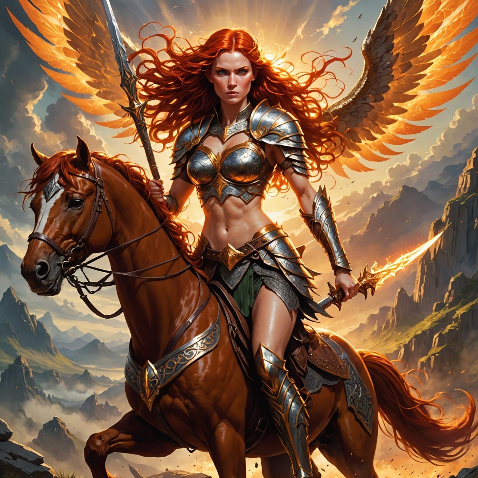 Fiery Valkyrie Descends on Battlefield in Celtic Armor