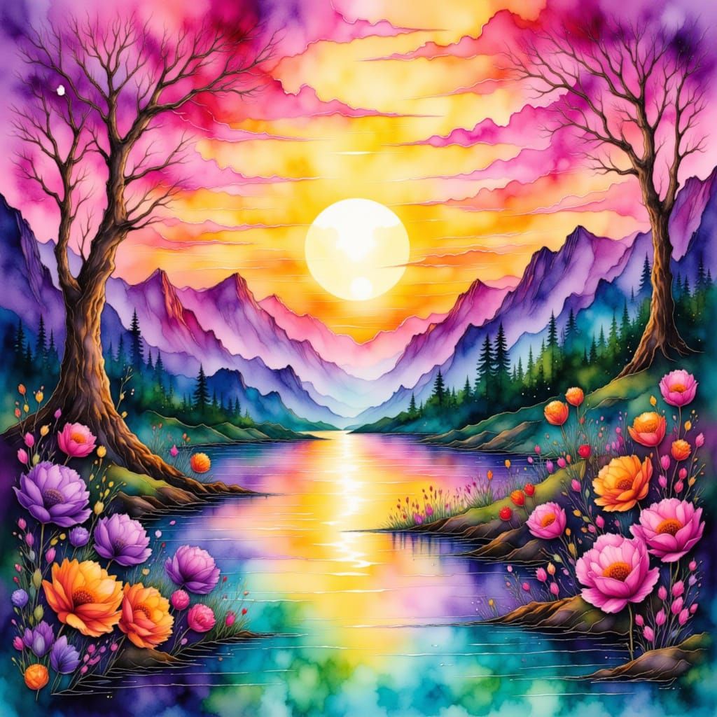 Luminous Alcohol Ink Landscape with Setting Sun