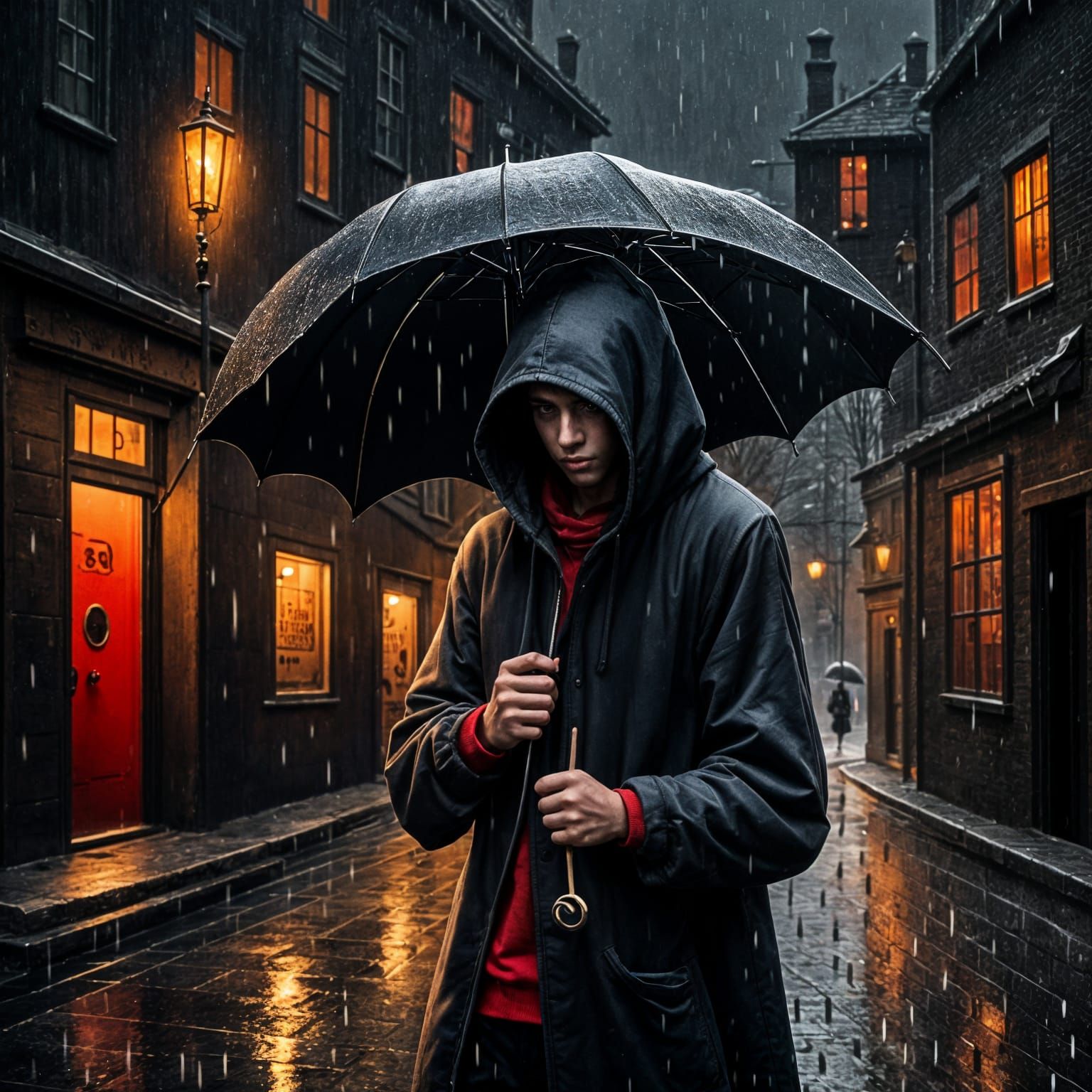 Dark Medieval Young Man with Umbrella
