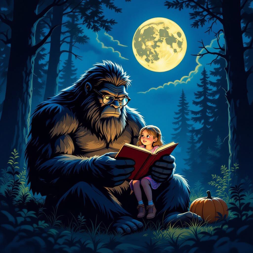 Giant Sasquatch Reads to Girl Under Harvest Moon, Comic Styl...