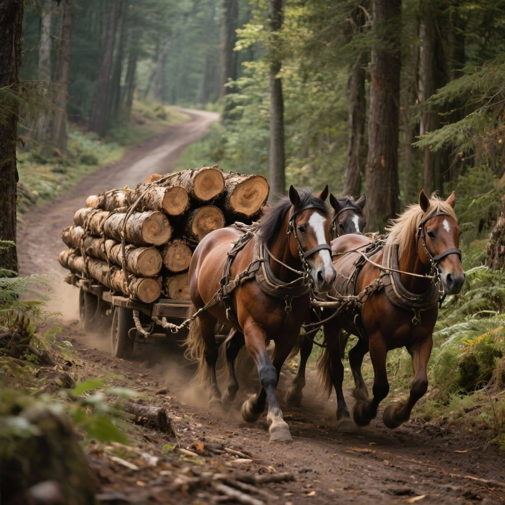 Horses Hauling Logs on Forest Trail, Ultra-Detail Photo