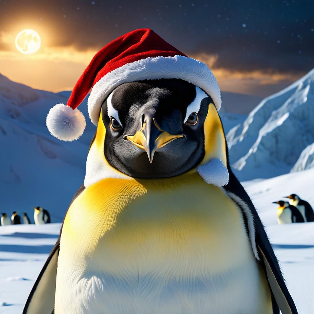 Penguin with Santa Hat in Snowy Landscape